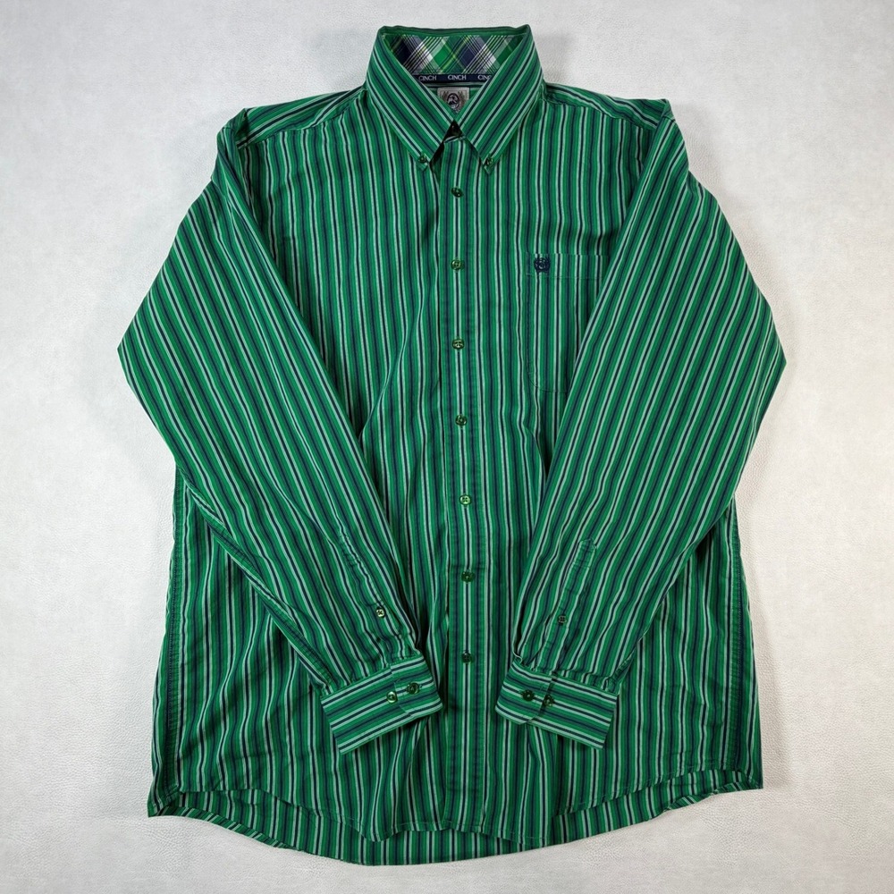 Cinch Mens Large Green Striped Long Sleeve Button Down Western Shirt Cotton